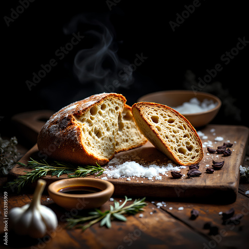 Rustic artisan bread dusted with flour on wooden board, surrounded by herbs and nuts. Perfect for bakery, food styling, and rustic culinary content.