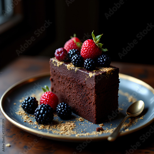Decadent chocolate cake slice topped with fresh raspberries, blackberries, and blueberries on a rustic plate, creating an elegant and indulgent dessert scene.