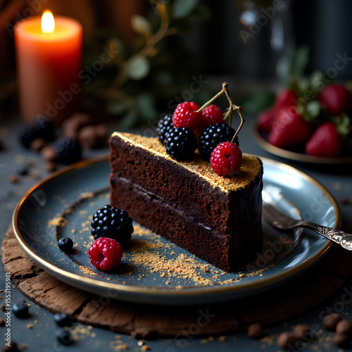 Decadent chocolate cake slice topped with fresh raspberries, blackberries, and blueberries on a rustic plate, creating an elegant and indulgent dessert scene.