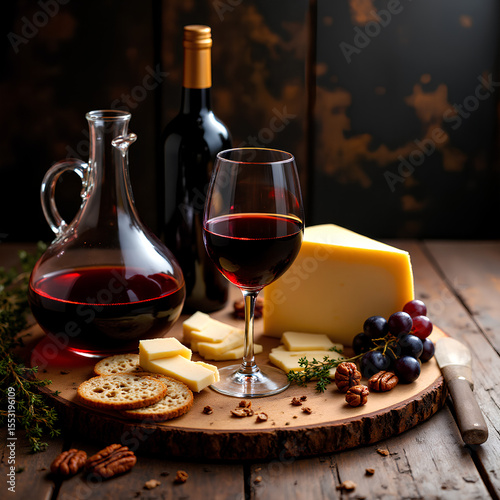 Rustic wine and cheese setup on wooden table with a carafe of red wine, sliced semi-hard cheese, grapes, pecans, and crackers in warm ambient lighting.