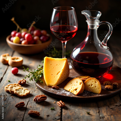 Rustic wine and cheese setup on wooden table with a carafe of red wine, sliced semi-hard cheese, grapes, pecans, and crackers in warm ambient lighting.