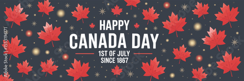 canada day celebration banner with red maple leaves, glowing lights, and dark background, commemorating july 1st since 1867