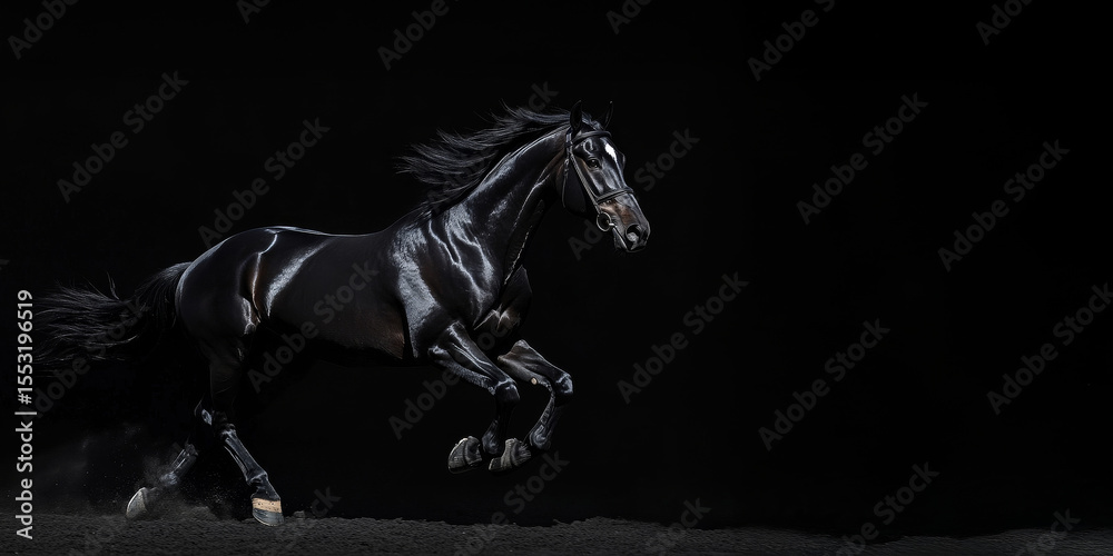 Fototapeta premium Full length black horse on black background with copy space