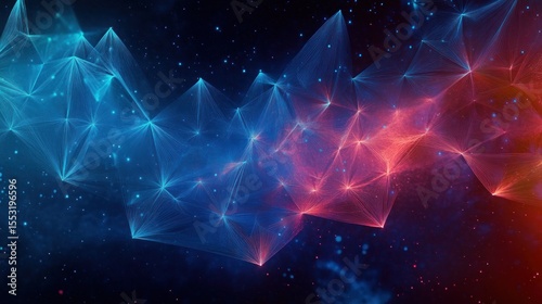 Abstract digital representation of interconnected glowing geometric shapes forming a wave pattern with blue and red luminous colors on a dark starry background
