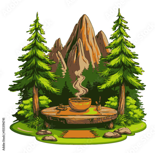 Scenic Mountain Retreat with Table and Cooking Pot Surrounded by Trees