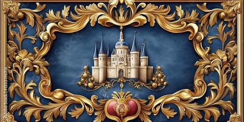 ornate golden baroque frame surrounding a detailed miniature castle with blue conical roofs set against a blue textured background, evoking a regal and luxurious atmosphere
