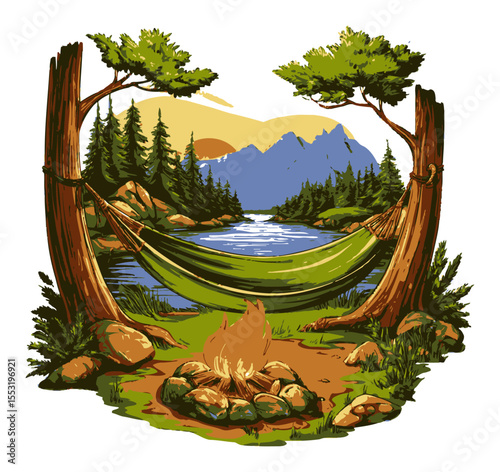 Serene Camping Scene with Hammock, Campfire, and Majestic Mountain View