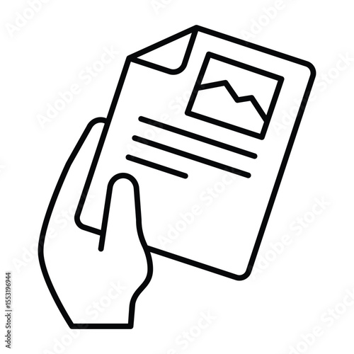 graphics. Hand with paper brochure, painting sign on white background, style mobile or design.