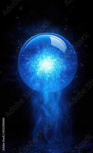 Glowing blue orb with light particles and mist against a dark background creating a mystical and energetic atmosphere