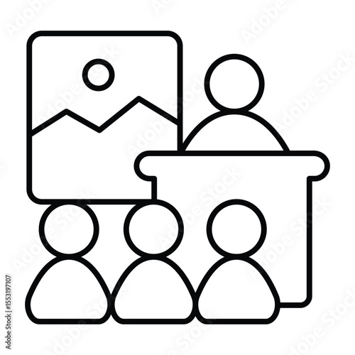 Lecturer with people and painting thin line icon, exhibition concept. Vector graphics. Guide man with visitors, audience sign on white background, style mobile or design.