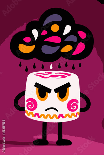 Cartoon Character with Angry Expression under Dark Cloud with Colorful Rain