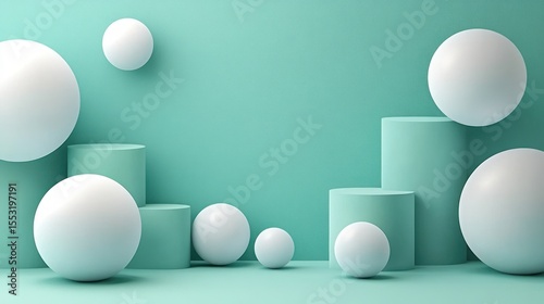 Abstract composition of white spherical objects and turquoise cylindrical pedestals arranged on a matching turquoise background, creating a minimalistic and balanced scene