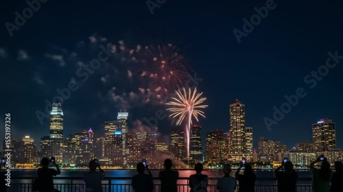 Watching Fireworks Exploding Over City Skyline at Night