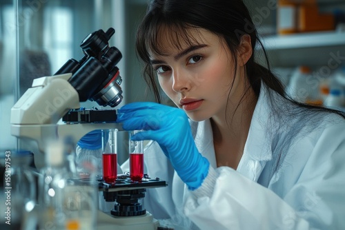 Focused young female scientist in lab coat and blue gloves working with red liquid samples and microscope in laboratory setting