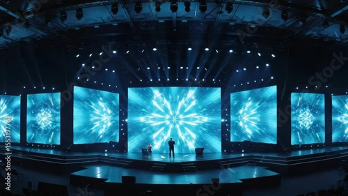 Large indoor venue, stage with multiple screens displaying abstract blue light patterns, and audience