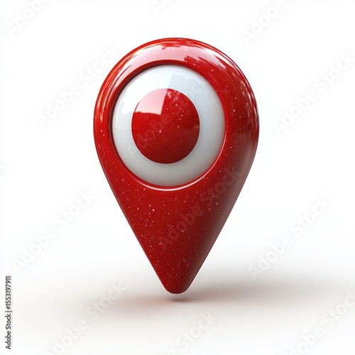 Glossy red location pin with a white and red circular target in its center on a plain white background, conveying a sense of navigation and direction