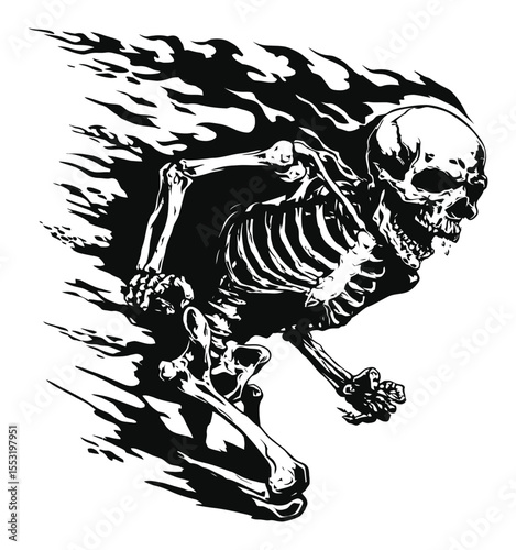 Dynamic Skeleton Engraving Skating with Flames in Black and White Art