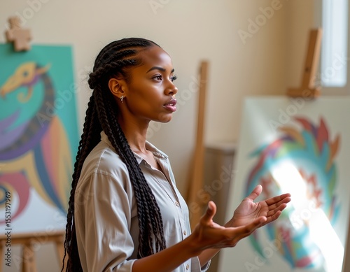 a young woman with braided hair leading an art critique session, exuding vision and openness, creative studio tones, natural skylight elegance, photorealistic, lifelike textures