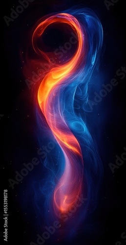 Abstract swirling flames in vibrant orange and cool blue mixing together against a dark background conveying dynamic energy and fluidity