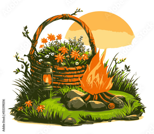 Cozy Campfire Scene with Lantern and Flower Basket in Nature Setting