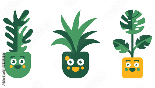 A funny, cute, and happy cartoon vector illustration of a fresh green cactus in a pot alongside other natural, organic vegetable characters like a red tomato and a pumpkin