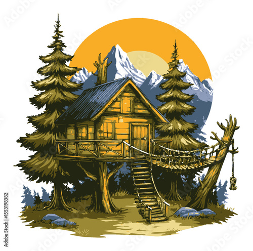Enchanted Treehouse Surrounded by Pine Trees and Majestic Mountains