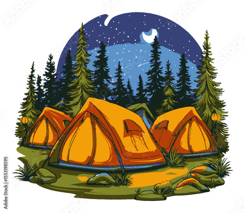 Cozy Camping Tents Under Starry Night Sky in Serene Forest Landscape