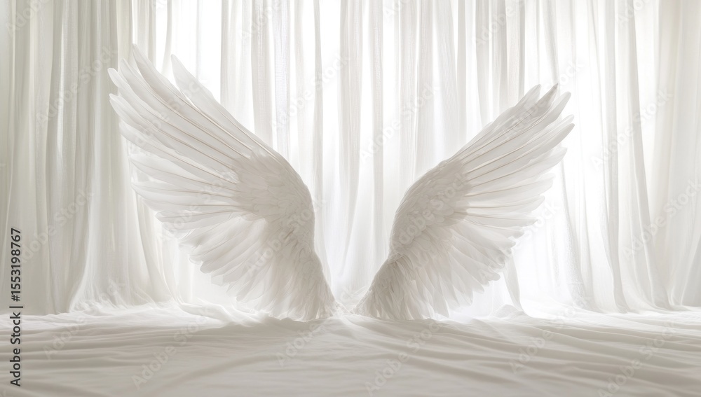 Fototapeta premium Pair of white angel wings against sheer curtains.