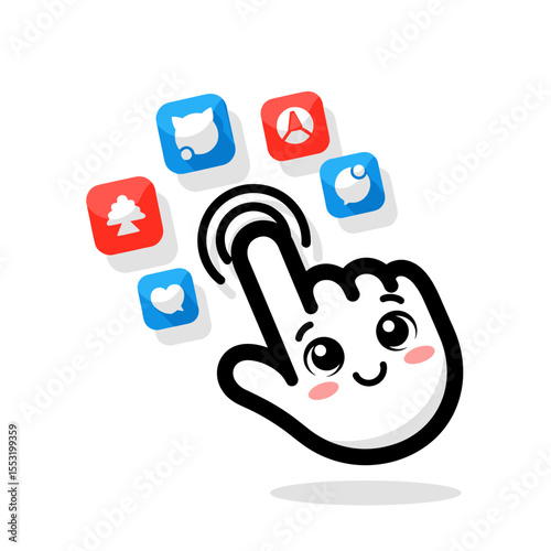 Cartoon hand cursor interacting with icons