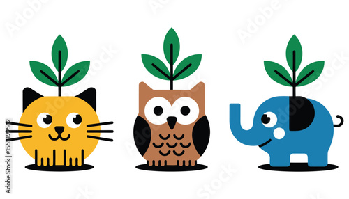 Cute cartoon cat by a potted green plant or seedling