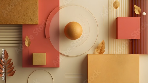 Minimalist and Modern 3D Autumn Composition with Warm Earth Tones, Geometric Shapes, and Seasonal Foliage – Perfect for Elegant Presentations and Branding.