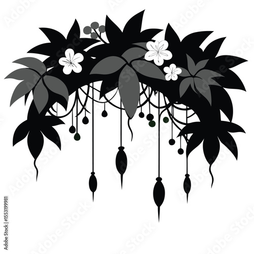 Vector art of silhouette of a flowering vine with hanging fruits isolated on white background