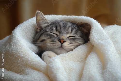Gray tabby cat peacefully sleeping wrapped in a soft white fluffy blanket showing calmness and comfort