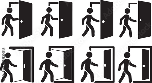Sequential Silhouette of a Man Walking Through a Doorway Symbolizing Transition and Growth.AI/EPS/JPEG