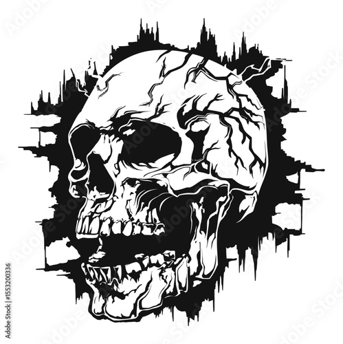 Intricate Engraving of a Skull with Cracked Surface and Dynamic Background