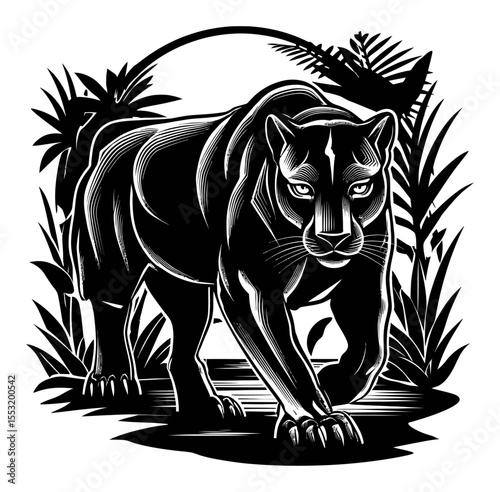 Bold Black Panther Engraving Artwork with Tropical Foliage Background