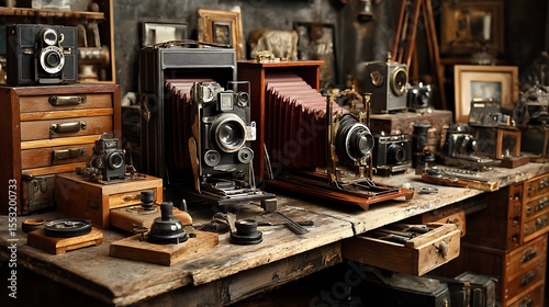 An intricately set up vintage camera collection and photography studio, Antique cameras and darkroom equipment for nostalgic photography, Retro photography style See Less .