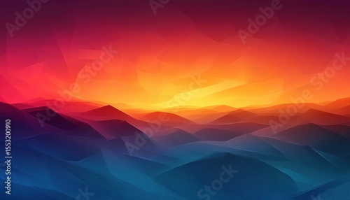 Abstract layered mountain landscape with vibrant gradient sky transitioning from deep blue to fiery orange and red hues evoking a dramatic sunset or sunrise atmosphere