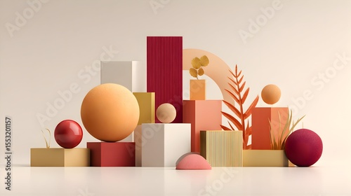 Minimalist and Modern 3D Autumn Composition with Warm Earth Tones, Geometric Shapes, and Seasonal Foliage – Perfect for Elegant Presentations and Branding.