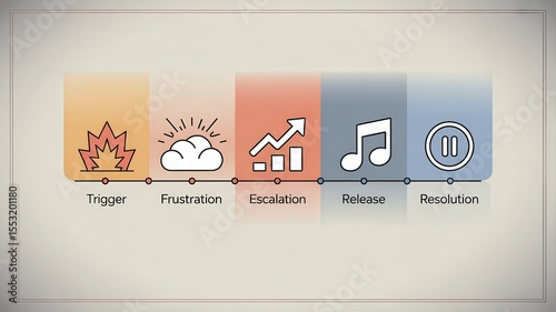 Anger management technique concept. Visual representation of emotional stages: Trigger, Frustration, Escalation, Release, Resolution.