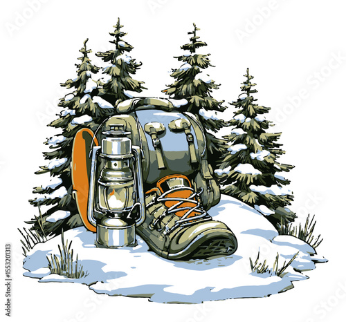 Winter Adventure Gear with Boots, Lantern, and Pine Trees in Snowy Landscape