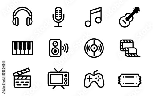 Media and Entertainment Icon Set. Symbols Representing Music, Film, Gaming and Broadcast