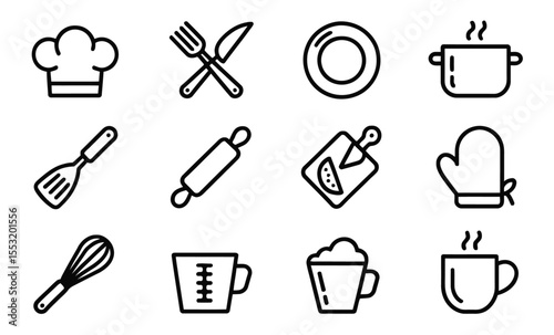 Cooking and Kitchen Icon Set. Culinary Symbols Representing Utensils and Tools
