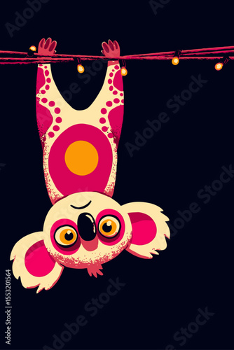 Colorful Cartoon Koala Hanging Upside Down From String Lights