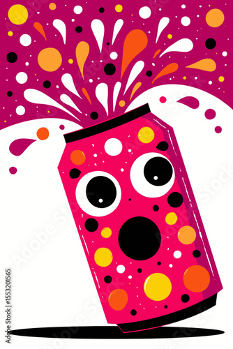 Colorful Cartoon Soda Can with Excited Expression and Splashing Fizz