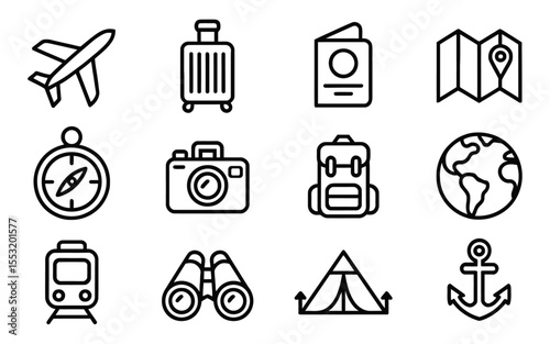 Travel and Adventure Icon Set. Minimalist Symbols for Global Exploration and Tourism Concept