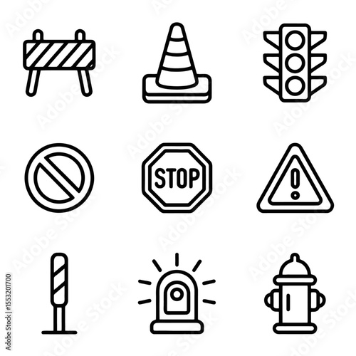 Road Safety and Warning Icon Set. Minimal Symbols for Urban Navigation