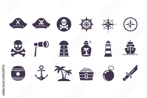 Set of Pirate and Nautical Icons. Black Silhouettes Including Ships, Anchors, Flags, Treasure, and Island Elements Vector Illustration on White Background.