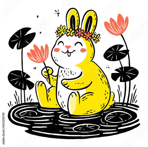 Cute Yellow Rabbit with Flower Crown Sitting on Water Lily Pond