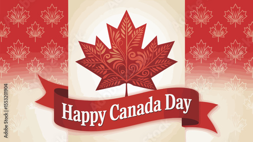 happy canada day banner with elegant red maple leaf emblem, festive background pattern, and patriotic design for national celebration